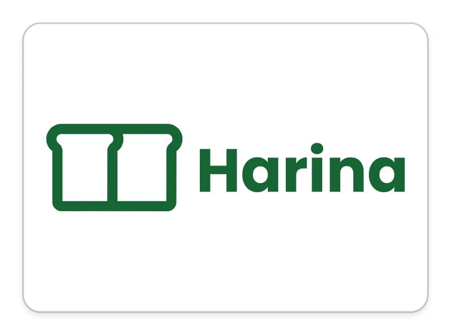Etiqueta plana blanca de 70 × 50 mm con un icono de pan y la palabra «Harina» en verde.