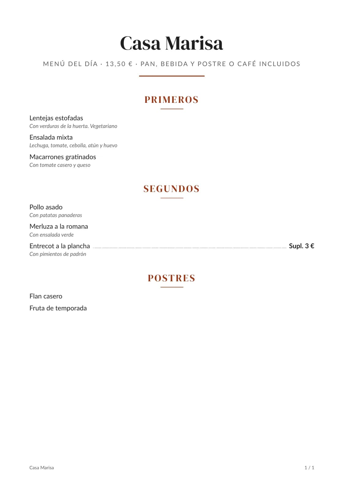 Menú del día de ejemplo de Casa Marisa, en A4: precio e inclusiones bajo el nombre, tres primeros, tres segundos con un suplemento de 3 € en el entrecot y dos postres.